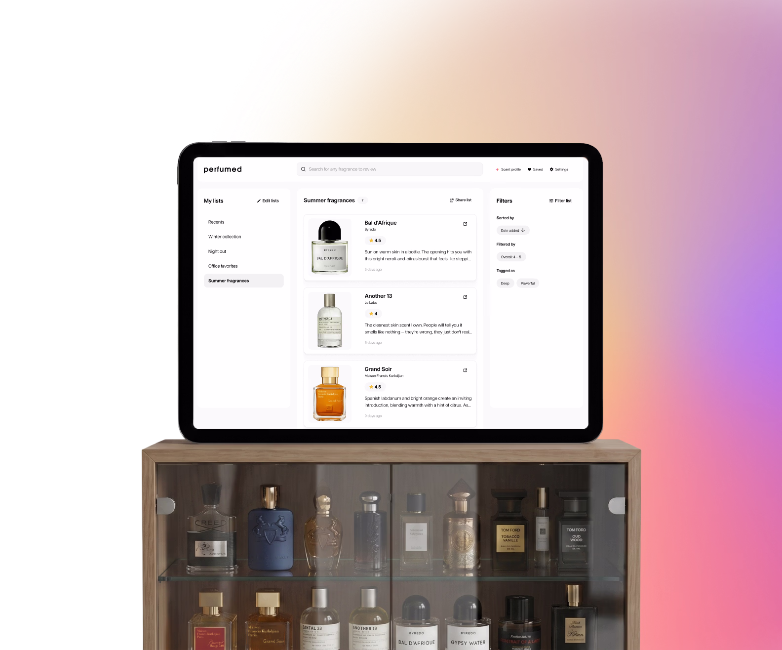Preview of the app's interface showing a tier list of fragrances with images and ratings.